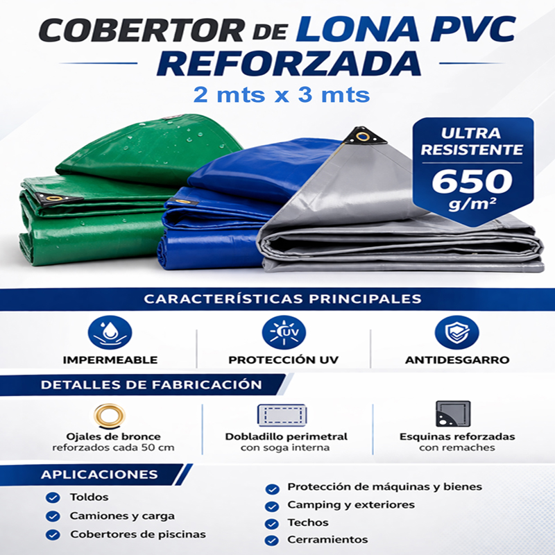 LONA DE PVC 650 GRS. COBERTOR MULTIUSOS CON OJALES 2 X 3 GRIS PREMIUM